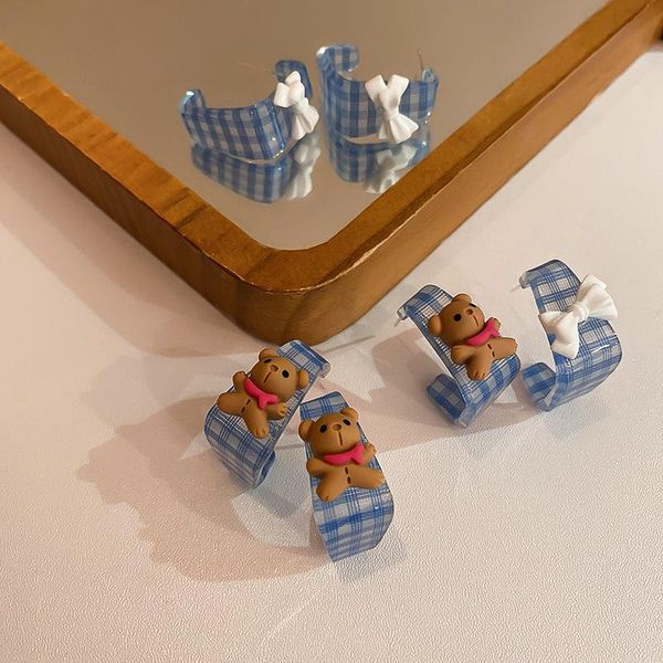 

hoop & huggie minar 3 styles korea cute plaid arcylic earrings for women bear bowknot geometric heart statement romantic jewelry, Golden;silver