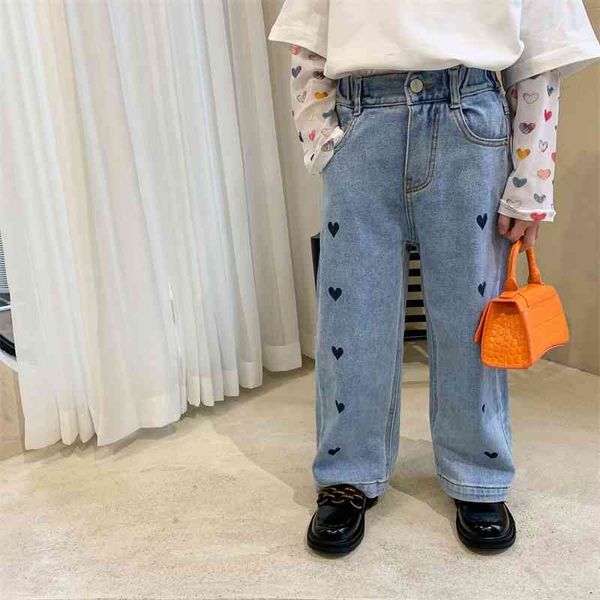 

spring arrival girls fashion denim pants kids korean design heart trosues 210528, Blue