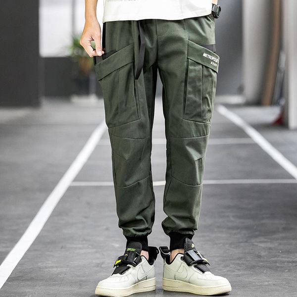 

spring men cargo pants cotton polyester hip hop mid drawsring pockets full length black green trousers men's