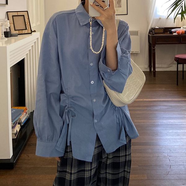 

2colors solid color cotton shirt korean style long sleeve blouses 2021 spring lace up loose womens tops and blouse (F4219), White