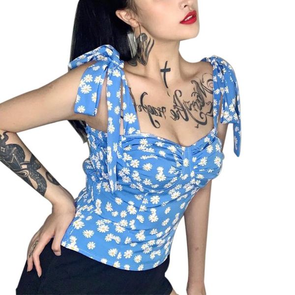 

women's t-shirt women little daisy print vest summer fashion wild square collar floral lace-up sleeveless slim fit ladies, White