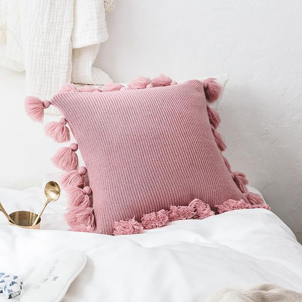 

enipate knit pure color cushion cover pillow acrylic ball tassel sofa bed room textile child lover beauty home dector cushion/decorati