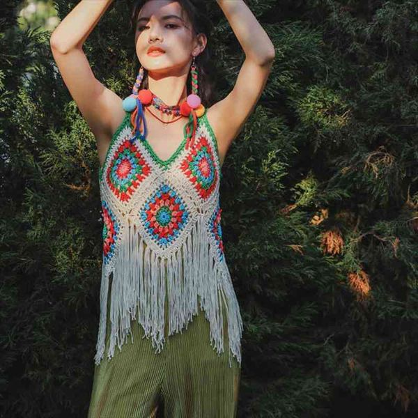 

summer national rainbow fashion women camis sling sleeveless camisole retro tassel hollow-out elastic slim knit vest streetwear, White