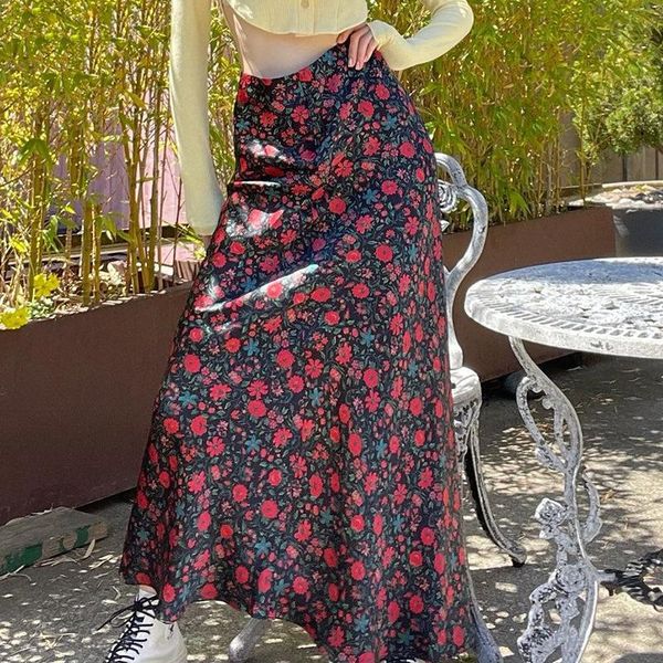 

skirts houzhou vintage print long skirt women y2k fashion elastic waist elegant temperament wrap summer casual streetwear beach, Black