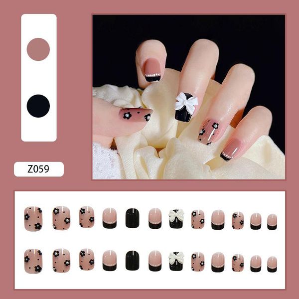 

false nails 24pcs/set 3d bow pearl black flower printed french mid-length diy nail art fully covered decoration with glue, Red;gold