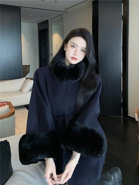 

women's wool & blends detachable belt cloak rex fur collar woolen coat for ladies and 2021 winter style, Black
