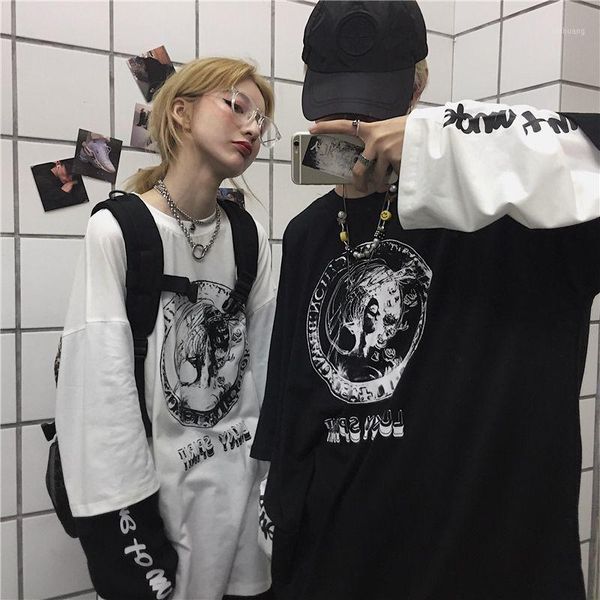 

men's t-shirts 2021 spring gothic shirt korean dark black large size long-sleeved fake two t-shirt men women preppy punk lovers bottom, White;black
