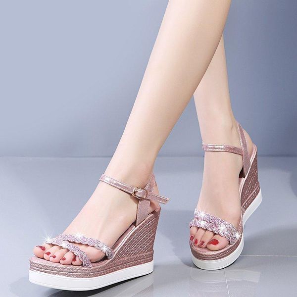 

sandals bling rhinestone platform women wedge shoes summer casual high heel, Black