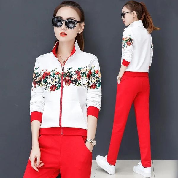 

women's two piece pants fashion print tracksuit set spring autumn sports jacket and sweatpants suit casual joggers, White