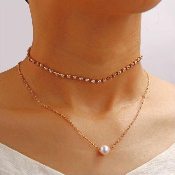 

chokers two layer necklace crystal setting chain choker white plastic pearl charm gold color plated women girls gift, Golden;silver
