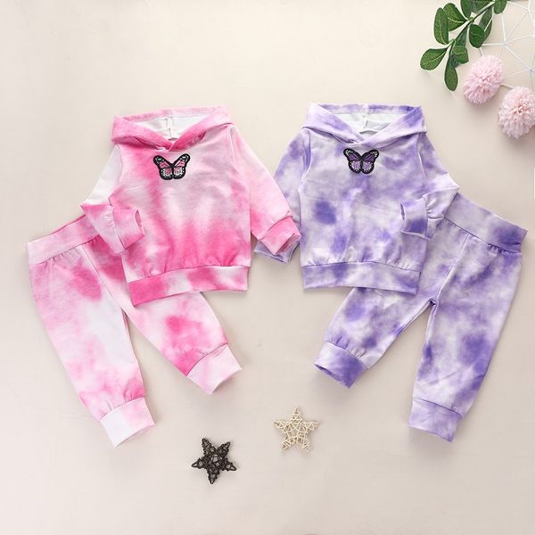 

2pcs fashion autumn baby girls clothes set cute long sleeve tie dye butterfly embroidery sweatshirts +pants infant outfits, White
