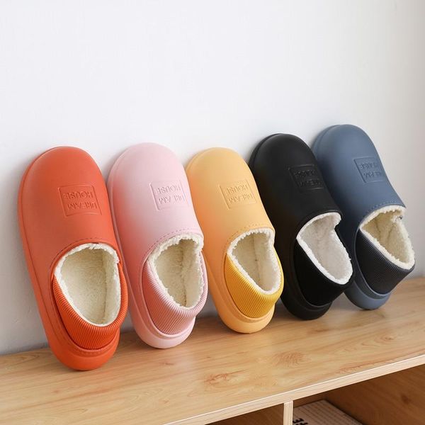 

men slippers indoor leather winter waterproof warm home fur women slipper male couple platform shoes fluffy 20212, Black