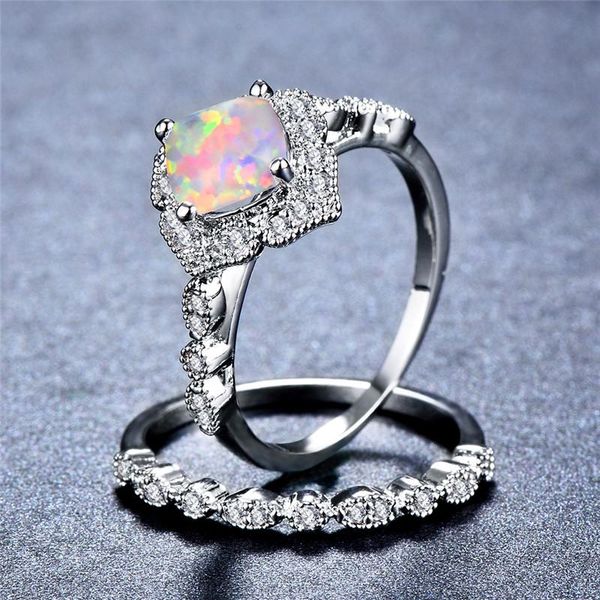 

wedding rings luxury female white opal ring set dainty crystal silver color for women trendy bridal square engagement, Slivery;golden