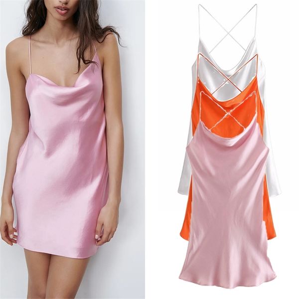 

za summer women satin camisole dress slash neck loose dresses lady party vestido elegant girl backless causal outfits colors 210623, Black;gray