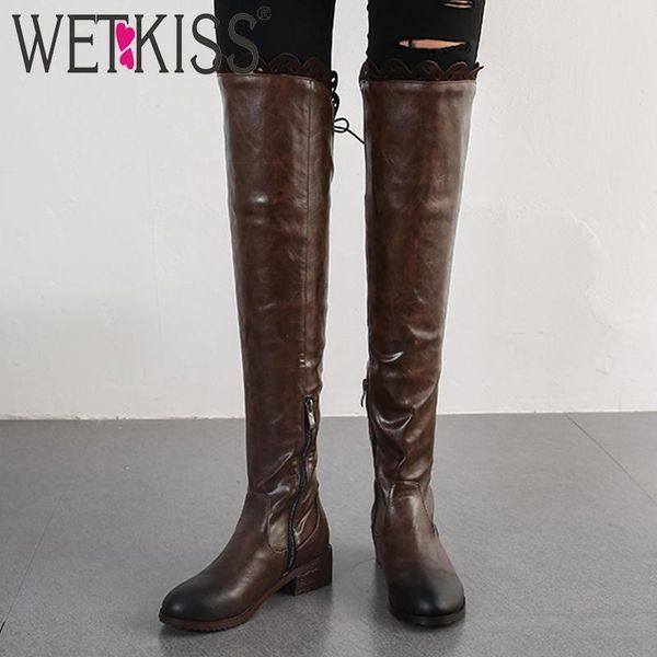 

boots wetkiss big size 34-48 over the knee women lace boot female thick heels shoes ladies round toe casual winter 2021, Black