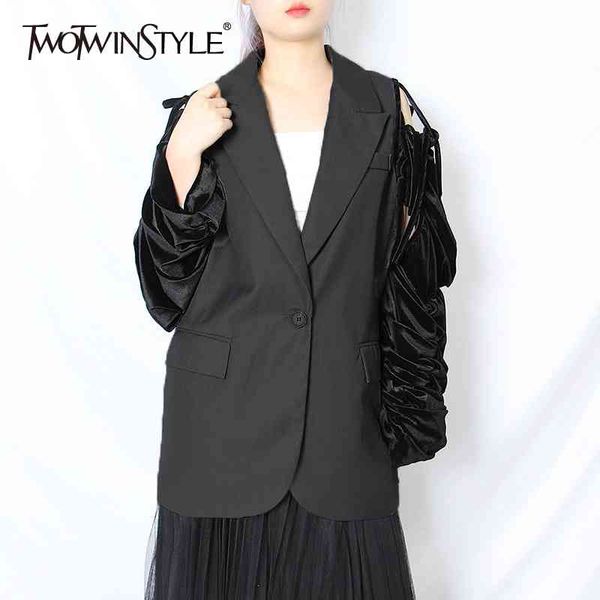 

lace up bowknot patchwork women blazer notched long sleeve casual loose blazers female fashion style fall 210524, White;black