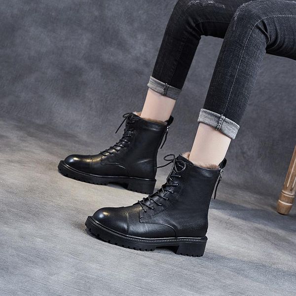 

boots genuine leather ankle women 2021 winter thick bottom rear zipper lace up motorcycle woman shoes, Black