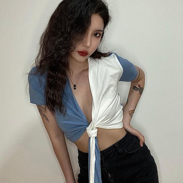 

women's t-shirt ins personality contrast color stitching lace-up short-sleeved summer reverse short tight top, White