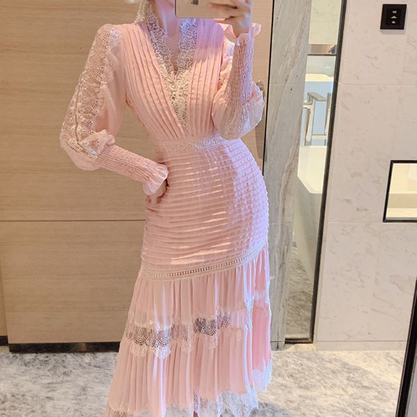 

casual dresses [ewq] korea temperament trend female v-neck robe lace stitching folds loose pink lantern sleeve dress summer 16e1034 b7qn, Black;gray