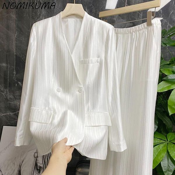 

women's two piece pants nomikuma 2021 autumn women pant sets double breasted v-neck long sleeve coat + high waist causal elegant suits, White