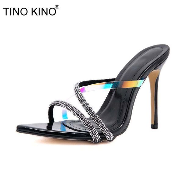 

slippers women high heels sandals pointed toe ladies summer shoes rhinestone fashion stiletto woman pu party shoe, Black