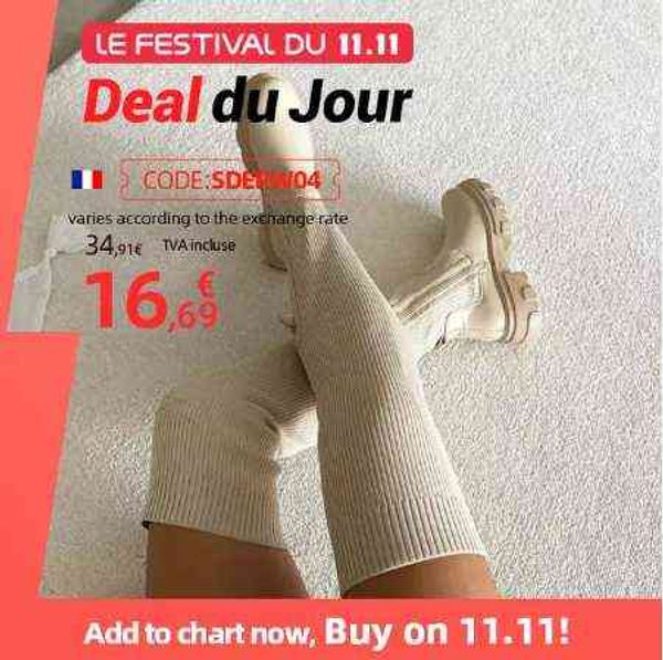 

flats shoes thick sole boots autumn winter breathable knitting sock upper women thigh high boots stretch round toe plus size h1115, Black