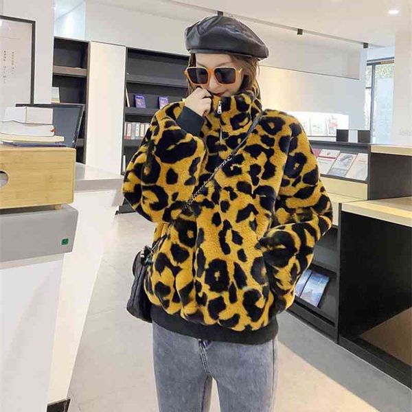 

women's wool & blends female winter imitation fur jackets short section lepoard turn down collar fashion women's korean loose swea, Black