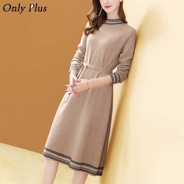 

only plus winter thick warm long knitted sweater dress o-neck pullover stripe midi slim high waist bodycon party vestidos 211110, Black;gray