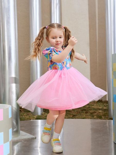 

toddler girls heart & tie dye puff sleeve mesh combo dress she, Red;yellow