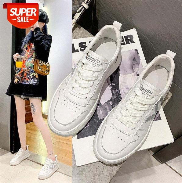 

women's sneakers layer cowhide round toe lace-up flat white shoes casual #et4c