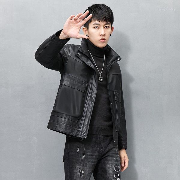 

haining leather men's winter brief paragraph collar sheep skin mulberry silk bladder more jackets & faux, Black