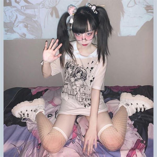 

women's t-shirt anime tshirt girls print o-neck tees goth loose summer t-shirts women harajuku short sleeve oversize hiphop streetwear, White