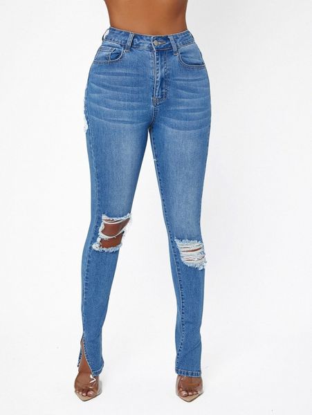 

sxy high waist ripped slit hem jeans 98wm#, Blue
