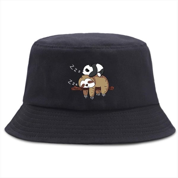 

lazy panda and sloth cartoon print mens bucket hats fashion cotton womens panama hat casual sunscreen sun women fisherman caps, Blue;gray
