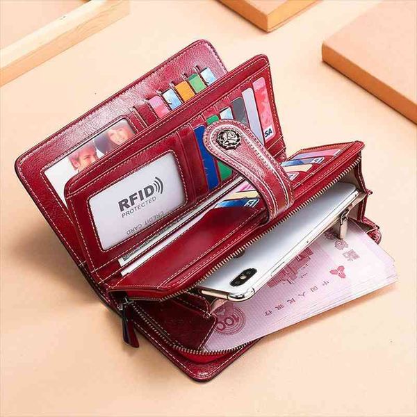 

genuine leather women wallets rfid female purse long ladies wallet phone case woman and card holder, Red;black