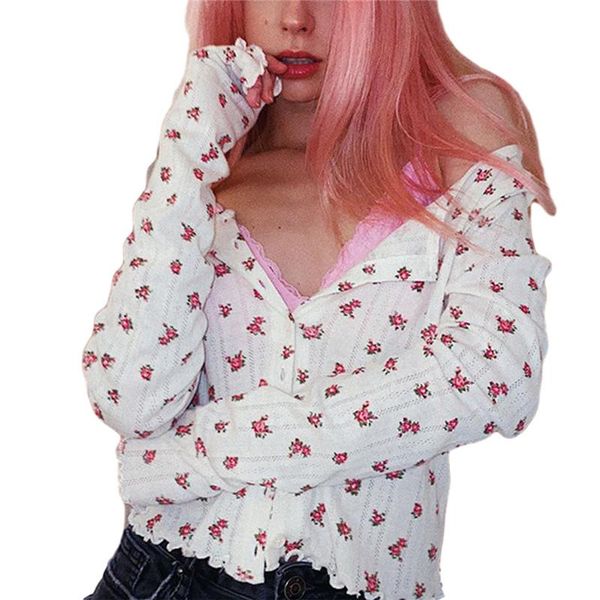 

women's t-shirt women summer spring floral fashion ladies street casual buttoned cropped, White
