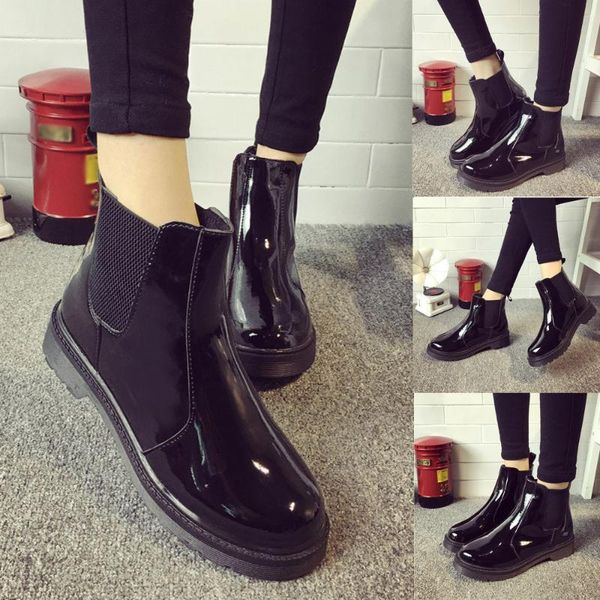 

boots 2021 vintage women round toe flat slip on casual patent leather shoes zapatos mujer tacon bota feminina #8, Black