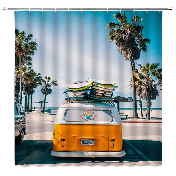 

beach holiday shower curtain orange bus surfboard palm grove beach holiday trip,70x70 inch polyester fabric bathroom accessories