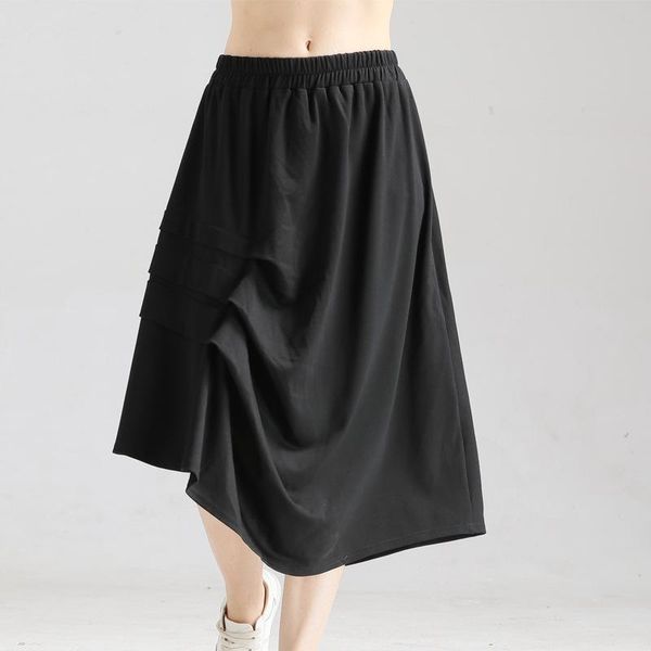 

skirts women irregular pleated elastic waist large size solid color for elegant girls lady black casual skirt slim type