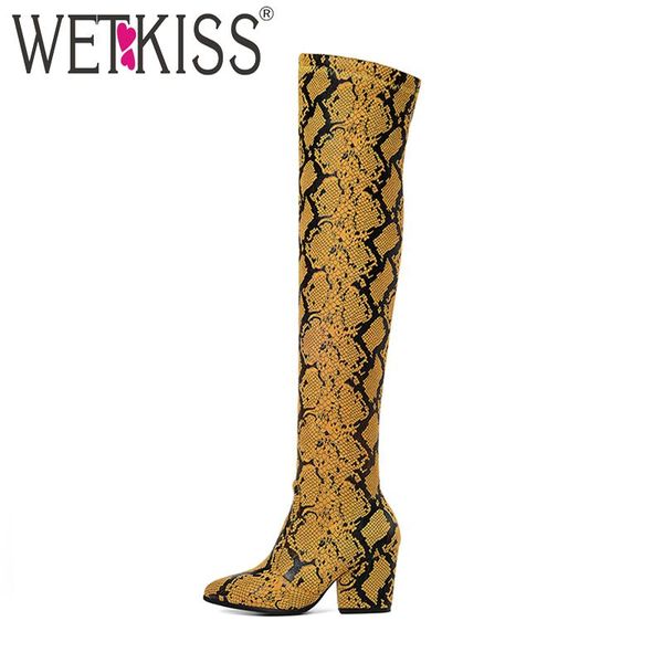 

boots wetkiss high heels women stretch colorful snake skin pu boot female round toe over the knee shoes ladies winter, Black