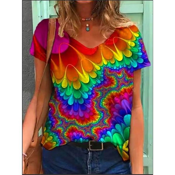 

women's 3d color graffiti printed polyester t-shirt oversized loose short-sleeved v-neck t-shirt casual streetwear summer basic t-shirt, White