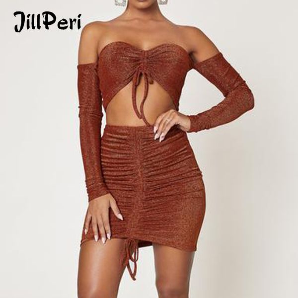 

jillperi women off the shoulder long sleeve glitter sparkle 2 piece set high stretch strap ruched crop and skirt 2 piece set, Black;white