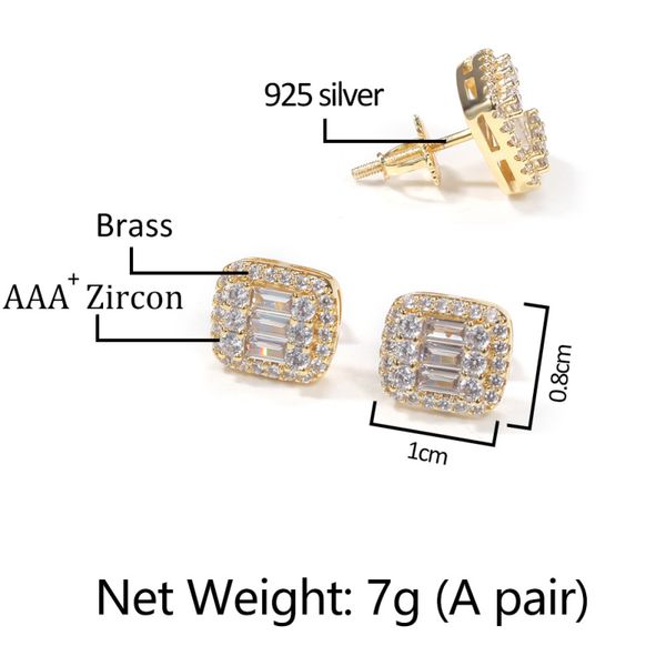 

18k gold plated square zirconia brass stud 925 silver post earring, Golden;silver
