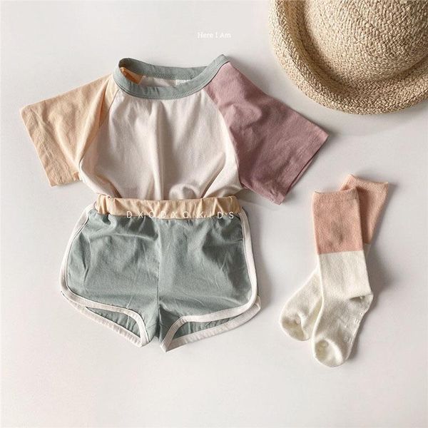 

summer korean boys' and girls' suits color splicing short-sleeved shorts two sets comfortable kindergarten sportswear suit clothin, White