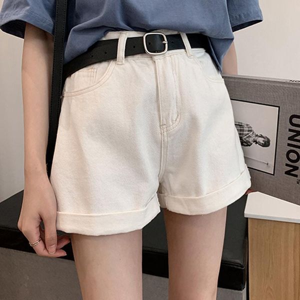 

women's shorts shnsophi women vintage high waist black denim with belt streetwear solid color casual female wide leg blue jeans, White;black
