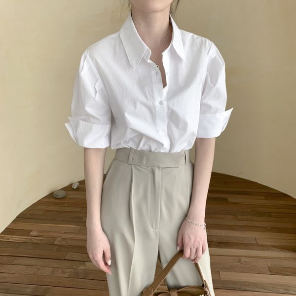 

women short slevess summer shirt fashion white blue blouse office modern lady slim shirts 210515