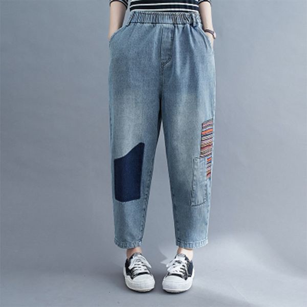 

women's jeans spring autumn korea fashion women elastic waist loose vintage blue patchwork denim cotton harem pants s52 izsw