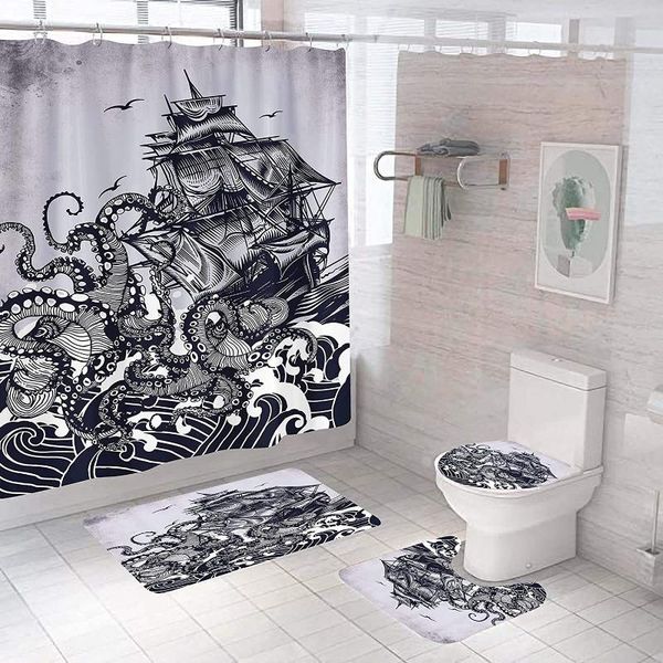 

bath accessory set 4 piece dolphin curtain sets with non-slip rug toilet lid cover,bath mat12 hooks blue sea world ocean fish bathroom decor