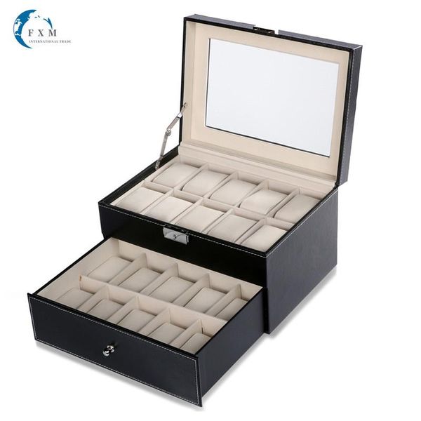 

watch boxes & cases 24 grid/20 grid/10 grid winder pu leather box display boite montre with glass window caja case, Black;blue