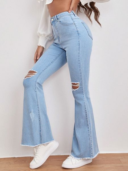 

high waist ripped frayed raw hem flare leg jeans 79xp#, Blue